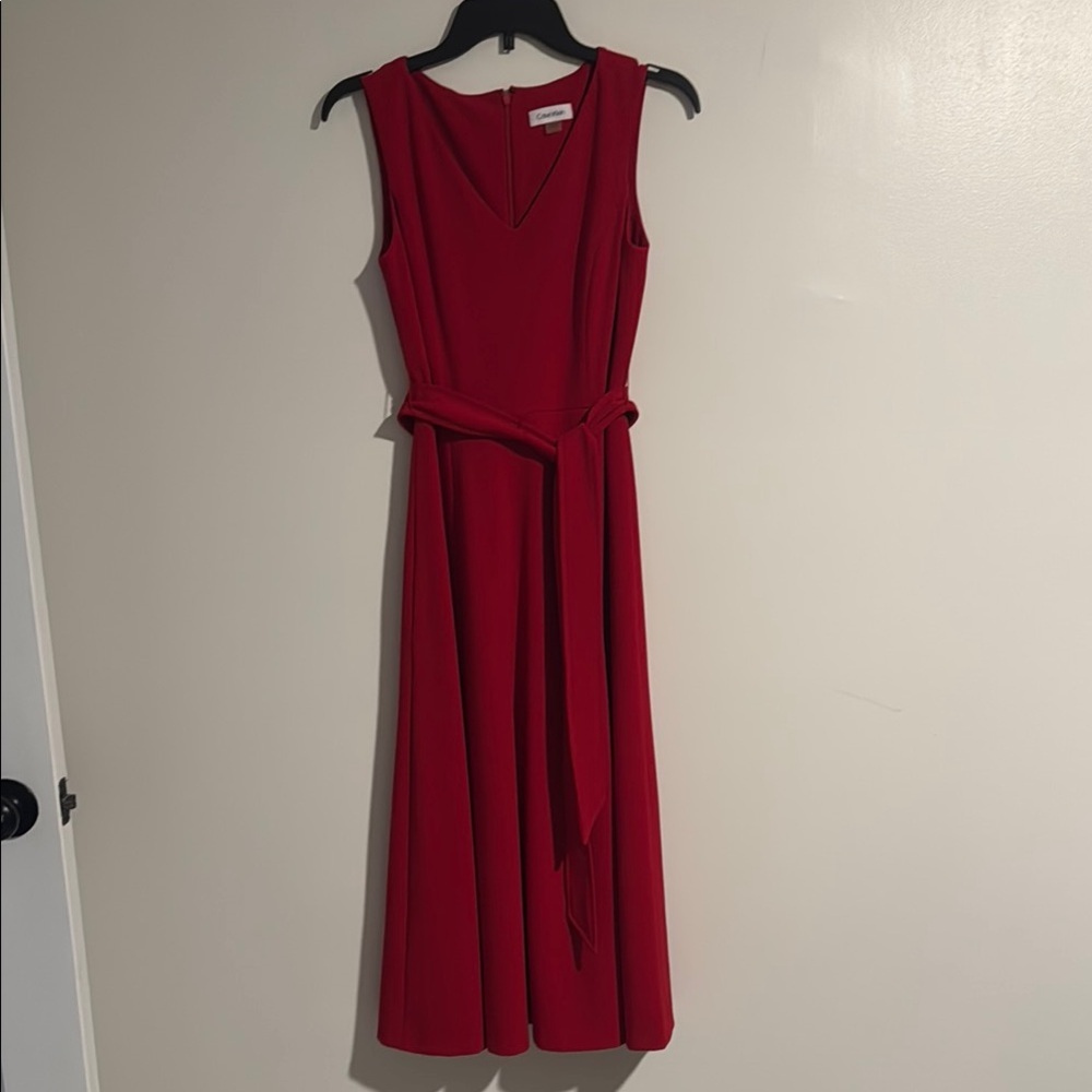 Calvin Klein Red Pleated Tie Front Midi Dress